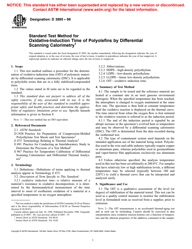 ASTM D3895-98 - Standard Test Method for Oxidative-Induction Time of Polyolefins by Differential Scanning Calorimetry