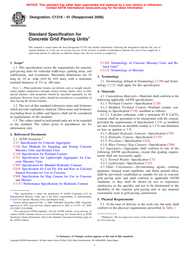 ASTM C1319-01(2006) - Standard Specification for Concrete Grid Paving Units