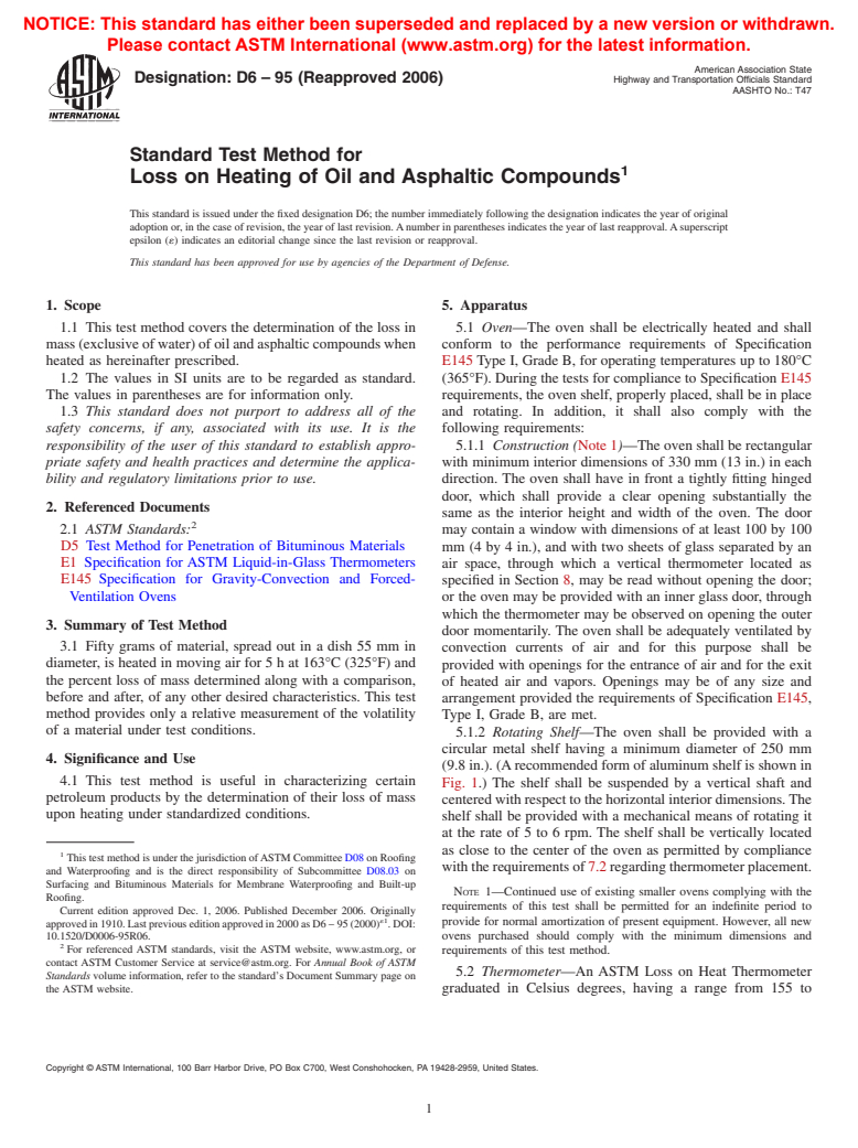 ASTM D6-95(2006) - Standard Test Method for Loss on Heating of Oil and Asphaltic Compounds