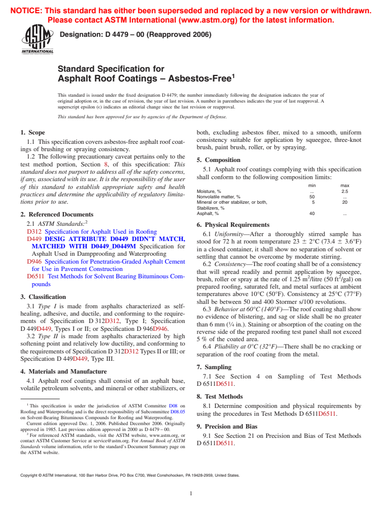 ASTM D4479-00(2006) - Standard Specification for Asphalt Roof Coatings - Asbestos-Free