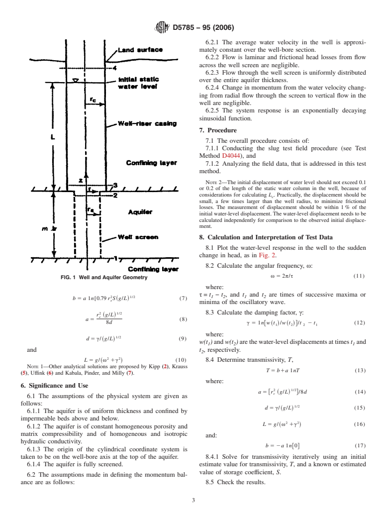 ASTM D5785-95(2006) - Standard Test Method for  (Analytical Procedure) for Determining Transmissivity of Confined Nonleaky Aquifers by Underdamped Well Response to Instantaneous Change in Head (Slug  Test)