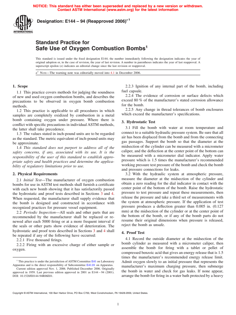 ASTM E144-94(2006)e1 - Standard Practice for Safe Use of Oxygen Combustion Bombs