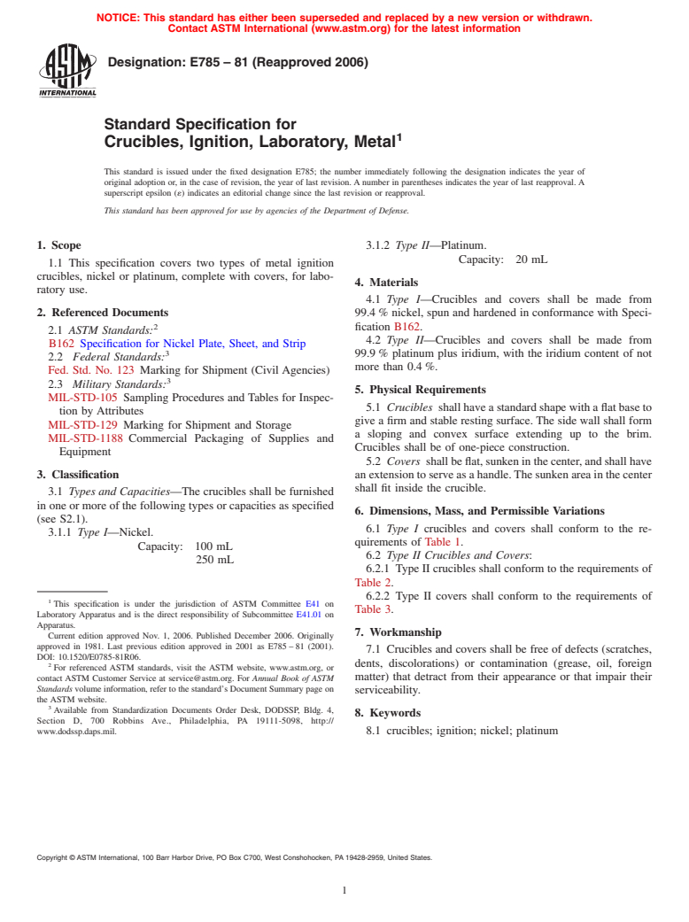 ASTM E785-81(2006) - Standard Specification for Crucibles, Ignition, Laboratory, Metal