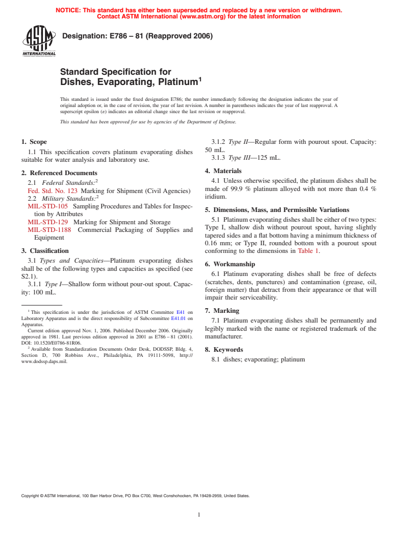 ASTM E786-81(2006) - Standard Specification for Dishes, Evaporating, Platinum