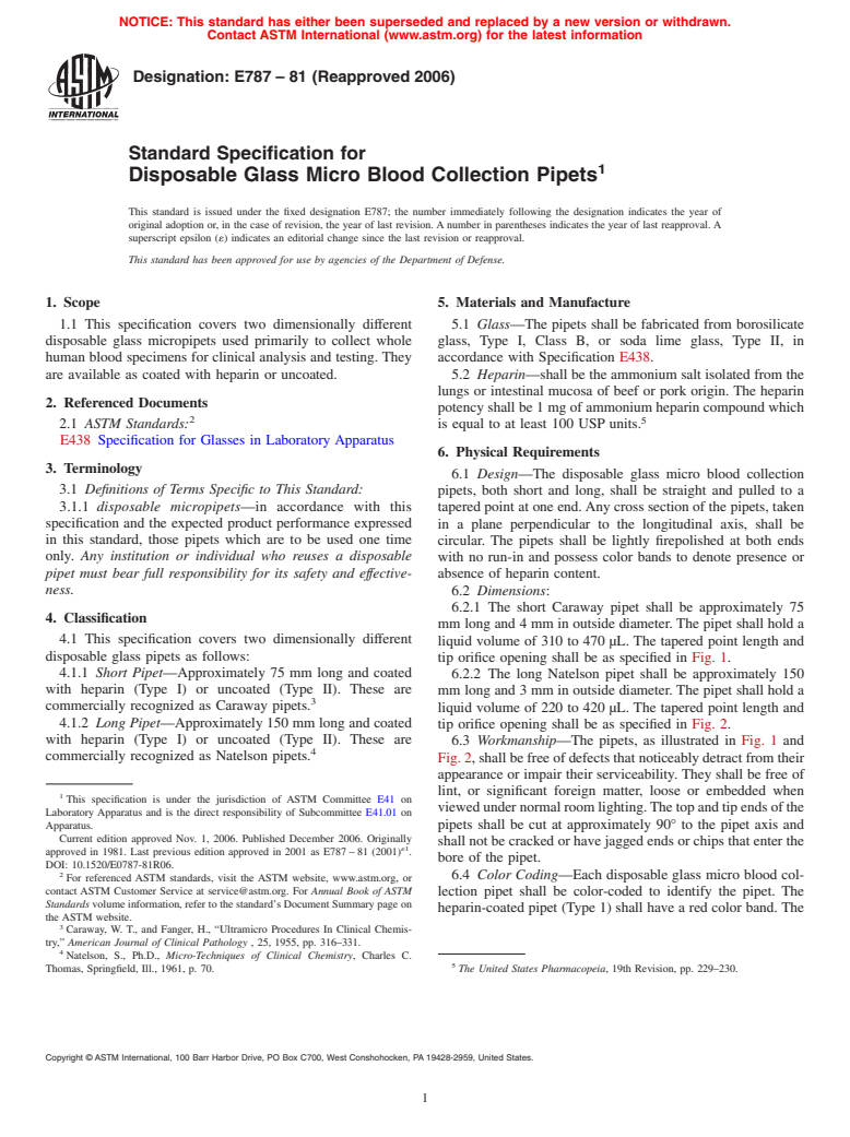 ASTM E787-81(2006) - Standard Specification for Disposable Glass Micro Blood Collection Pipets