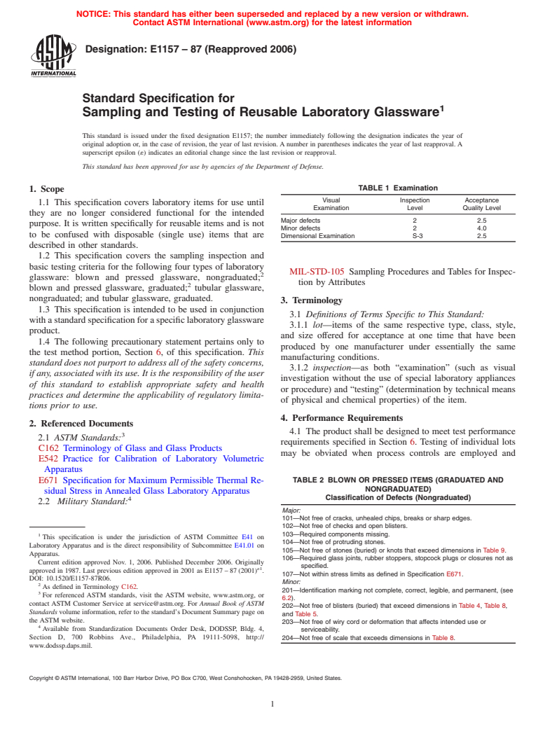 ASTM E1157-87(2006) - Standard Specification for Sampling and Testing of Reusable Laboratory Glassware