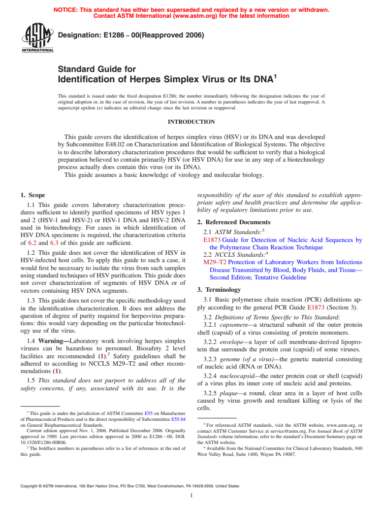 ASTM E1286-00(2006) - Standard Guide for Identification of Herpes Simplex Virus or Its DNA (Withdrawn 2014)