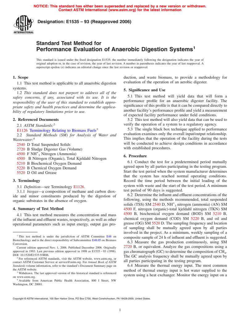 ASTM E1535-93(2006) - Standard Test Method for Performance Evaluation of Anaerobic Digestion Systems (Withdrawn 2011)