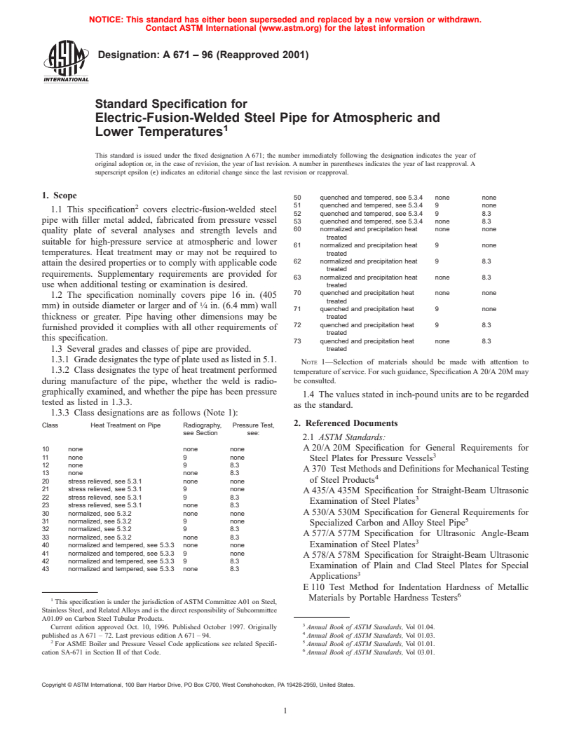 ASTM A671-96(2001) - Standard Specification for Electric-Fusion-Welded Steel Pipe for Atmospheric and Lower Temperatures