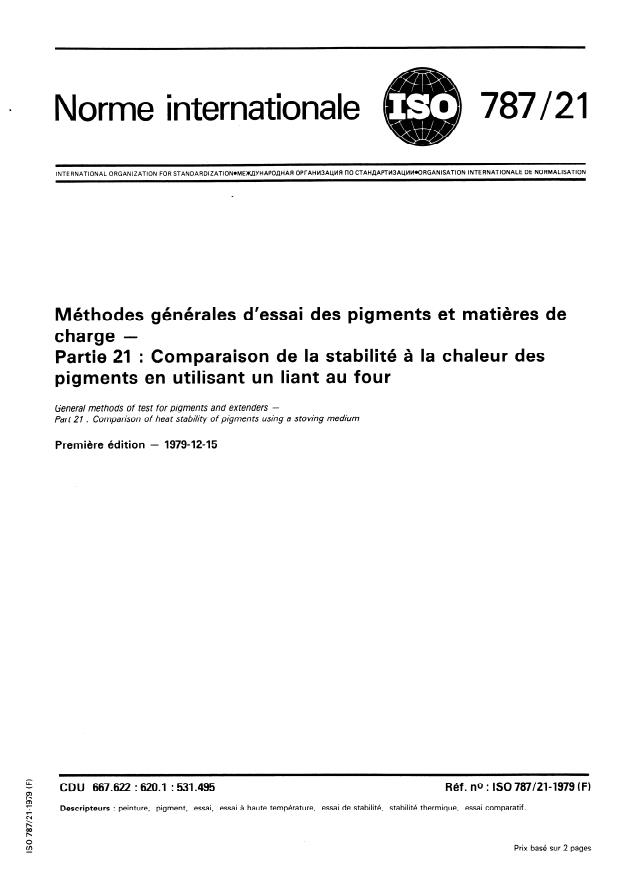 ISO 787-21:1979 - Méthodes générales d'essai des pigments et matieres de charge