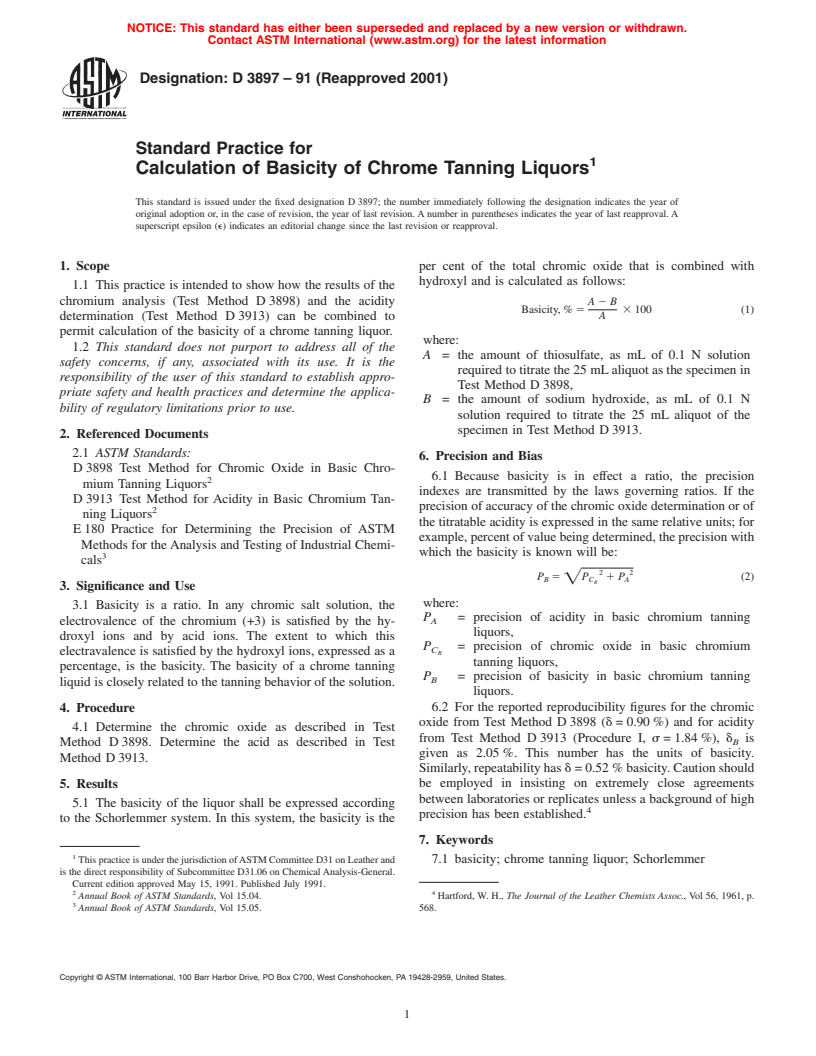 ASTM D3897-91(2001) - Standard Practice for Calculation of Basicity of Chrome Tanning Liquors