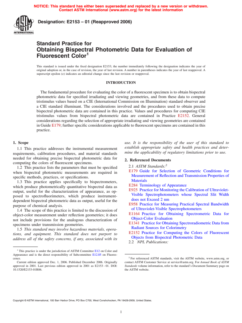 ASTM E2153-01(2006) - Standard Practice for Obtaining Bispectral Photometric Data for Evaluation of Fluorescent Color