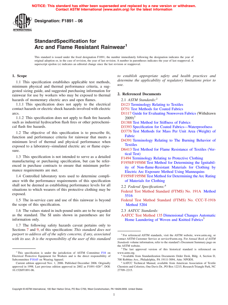 ASTM F1891-06 - Standard Specification for Arc and Flame Resistant Rainwear