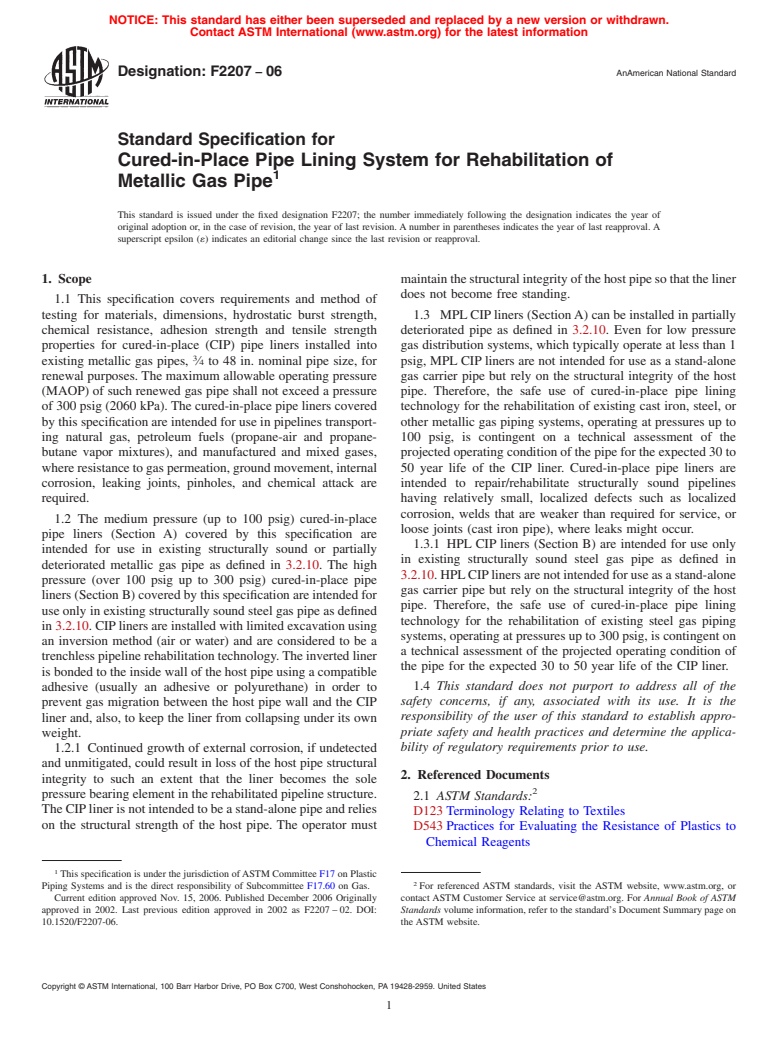 ASTM F2207-06 - Standard Specification for Cured-in-Place Pipe Lining System for Rehabilitation of Metallic Gas Pipe