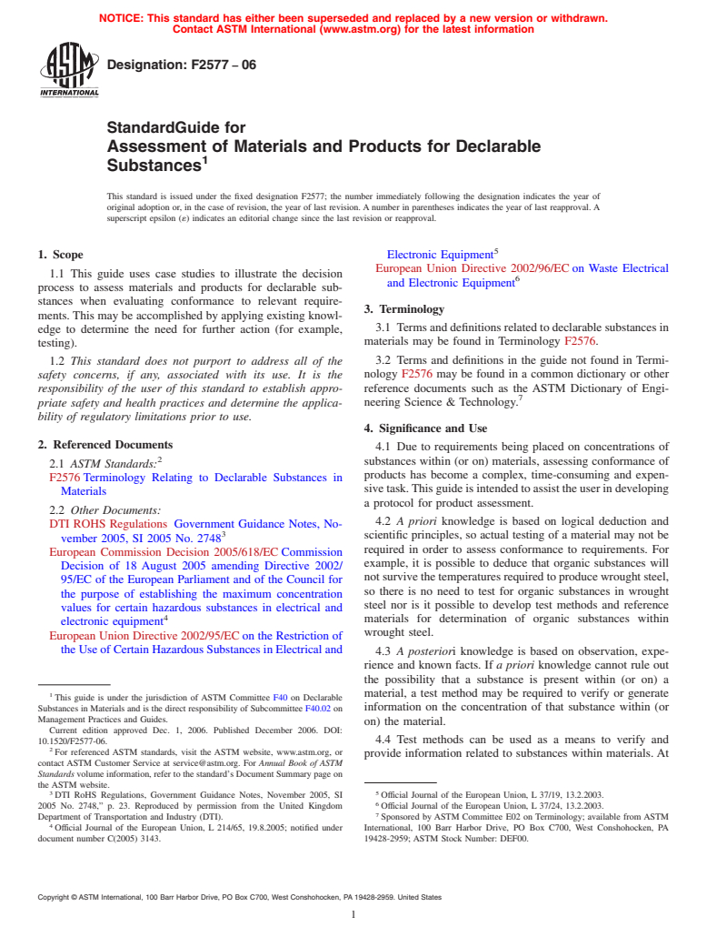 ASTM F2577-06 - Standard Guide for Assessment of Materials and Products for Declarable Substances