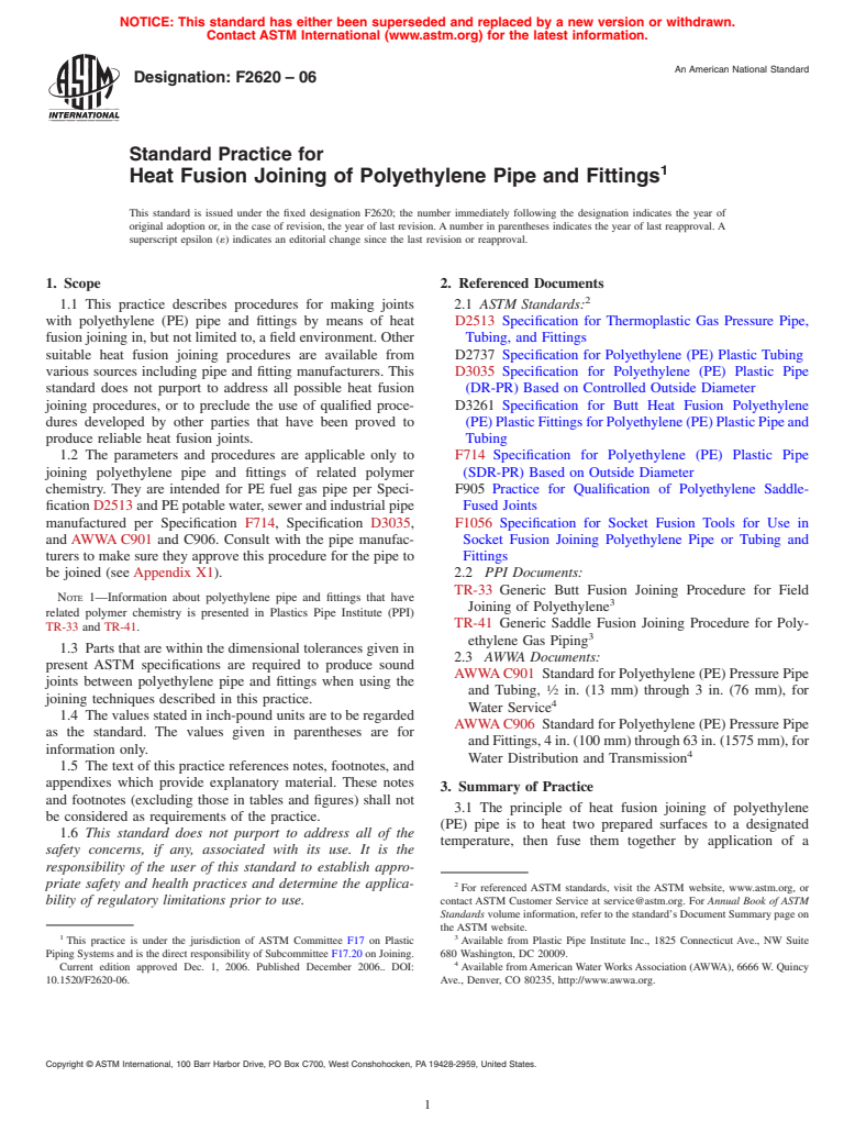ASTM F2620-06 - Standard Practice for Heat Fusion Joining of Polyethylene Pipe and Fittings