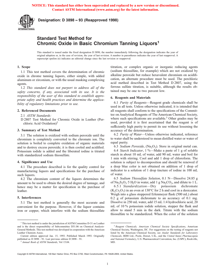 ASTM D3898-93(1998) - Standard Test Method for Chromic Oxide in Basic Chromium Tanning Liquors