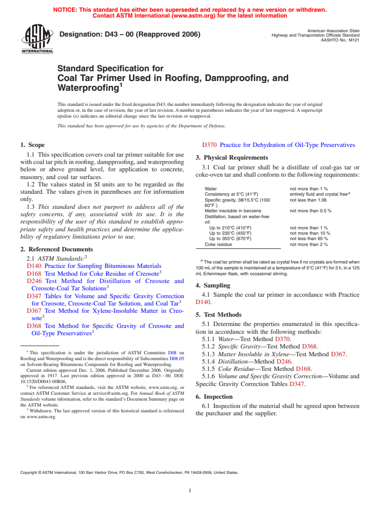 ASTM D43-00(2006) - Standard Specification for Coal Tar Primer Used in Roofing, Dampproofing, and Waterproofing