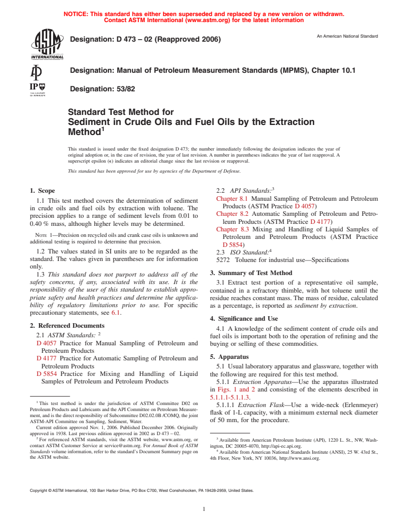 ASTM D473-02(2006) - Standard Test Method for Sediment in Crude Oils and Fuel Oils by the Extraction Method