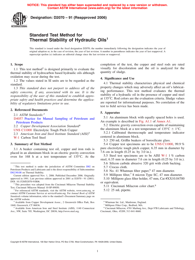 ASTM D2070-91(2006) - Standard Test Method for Thermal Stability of Hydraulic Oils