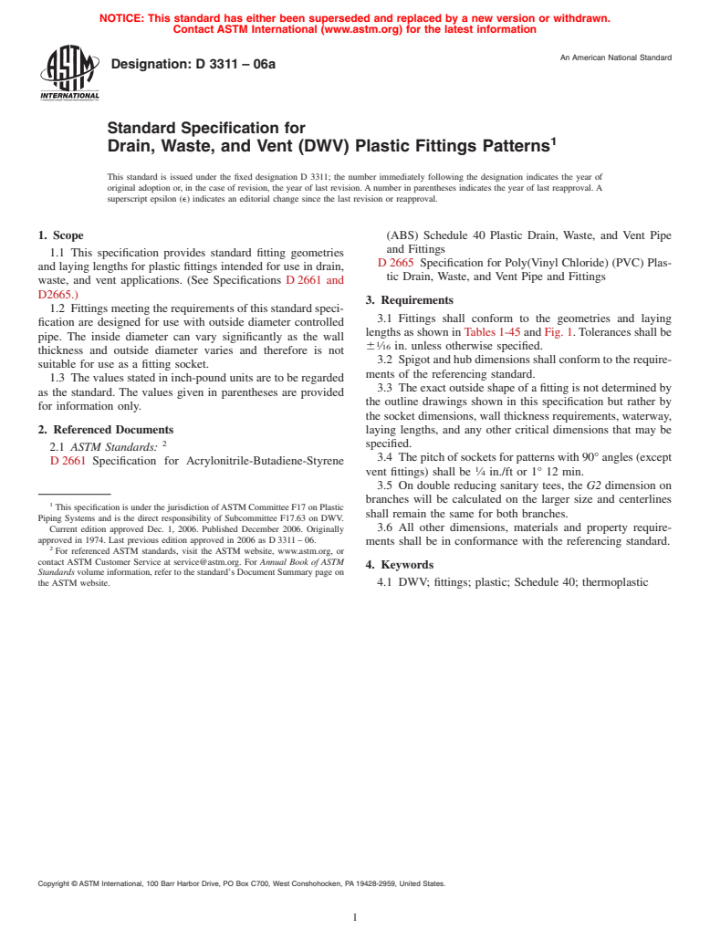 ASTM D3311-06a - Standard Specification for Drain, Waste, and Vent (DWV) Plastic Fittings Patterns