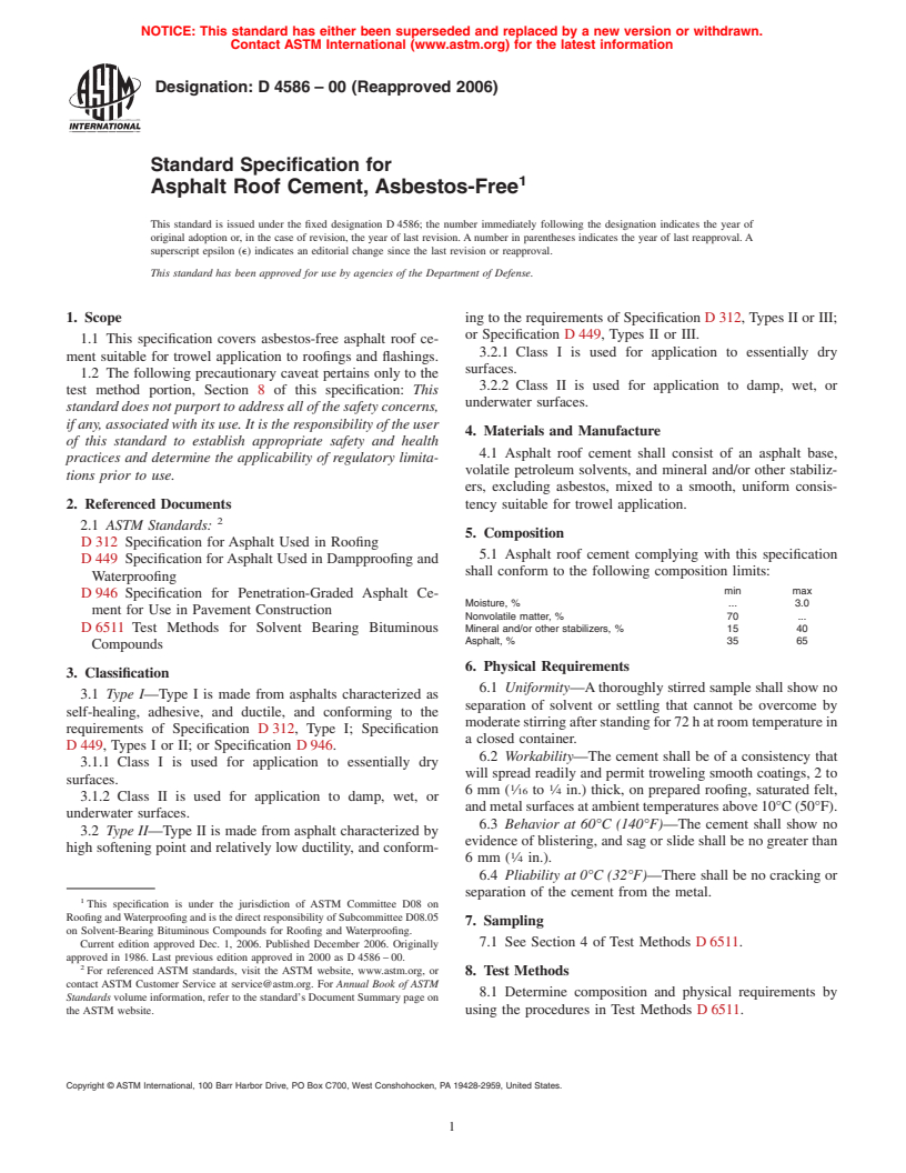 ASTM D4586-00(2006) - Standard Specification for Asphalt Roof Cement, Asbestos-Free