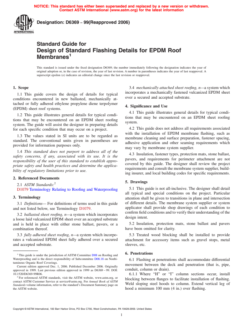 ASTM D6369-99(2006) - Standard Guide for Design of Standard Flashing Details for EPDM Roof Membranes (Withdrawn 2015)