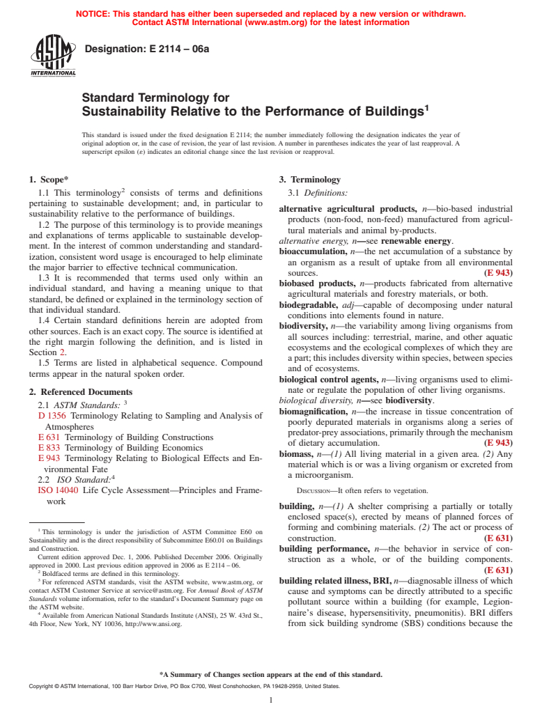 ASTM E2114-06a - Standard Terminology for Sustainability Relative to the Performance of Buildings