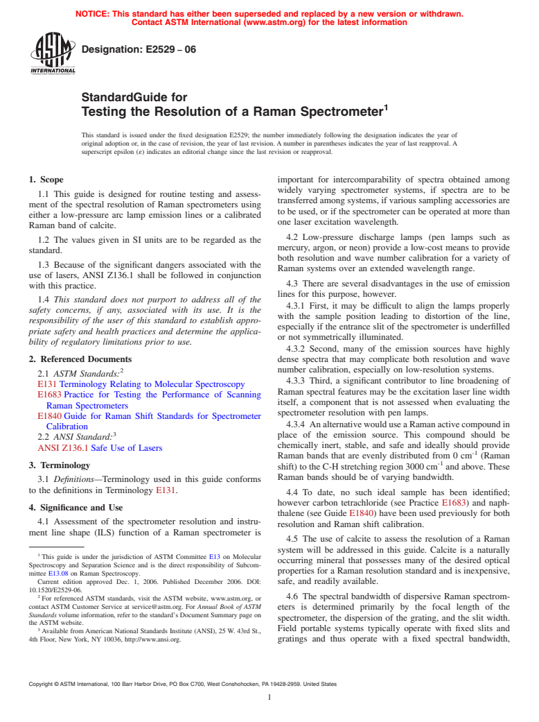 ASTM E2529-06 - Standard Guide for Testing the Resolution of a Raman Spectrometer