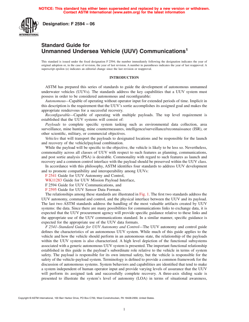 ASTM F2594-06 - Standard Guide for Unmanned Undersea Vehicle (UUV) Communications