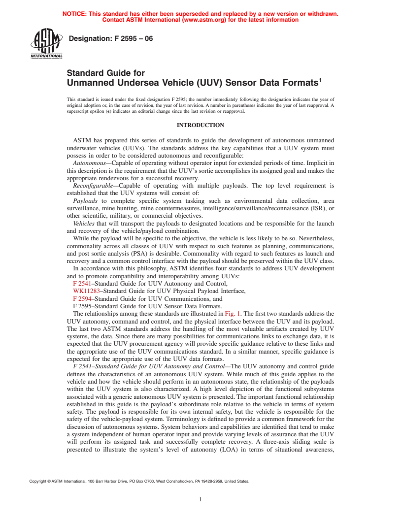 ASTM F2595-06 - Standard Guide for Unmanned Undersea Vehicle (UUV) Sensor Data Formats