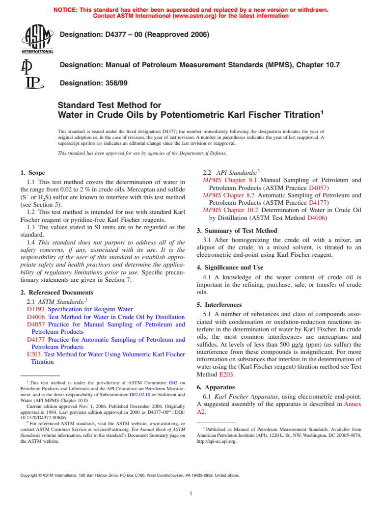 ASTM D4377-00(2006) - Standard Test Method for Water in Crude Oils by Potentiometric Karl Fischer Titration