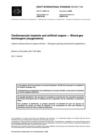 ISO 7199:2009 - Cardiovascular implants and artificial organs -- Blood-gas exchangers (oxygenators)