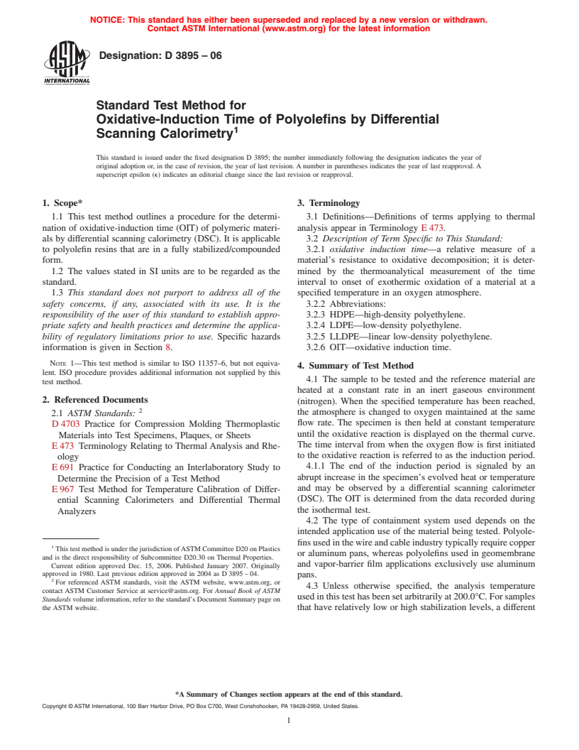 ASTM D3895-06 - Standard Test Method for Oxidative-Induction Time of Polyolefins by Differential Scanning Calorimetry