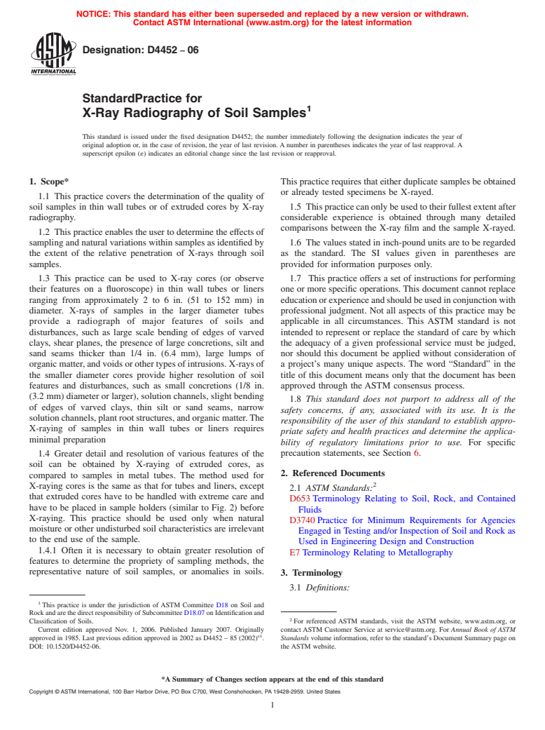 ASTM D4452-06 - Standard Practice for X-Ray Radiography of Soil Samples