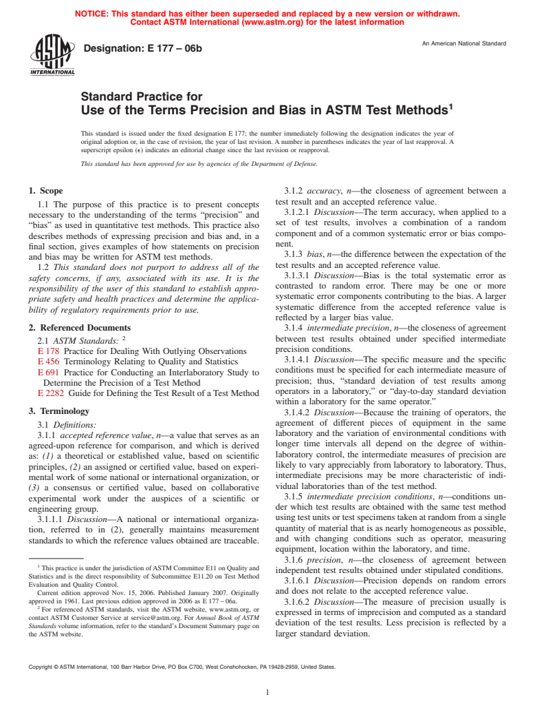 ASTM E177-06b - Standard Practice for Use of the Terms Precision and Bias in ASTM Test Methods