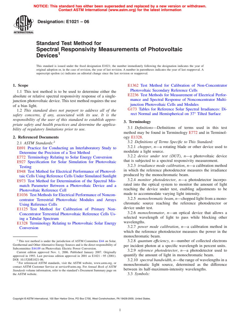 ASTM E1021-06 - Standard Test Method for Spectral Responsivity Measurements of Photovoltaic Devices