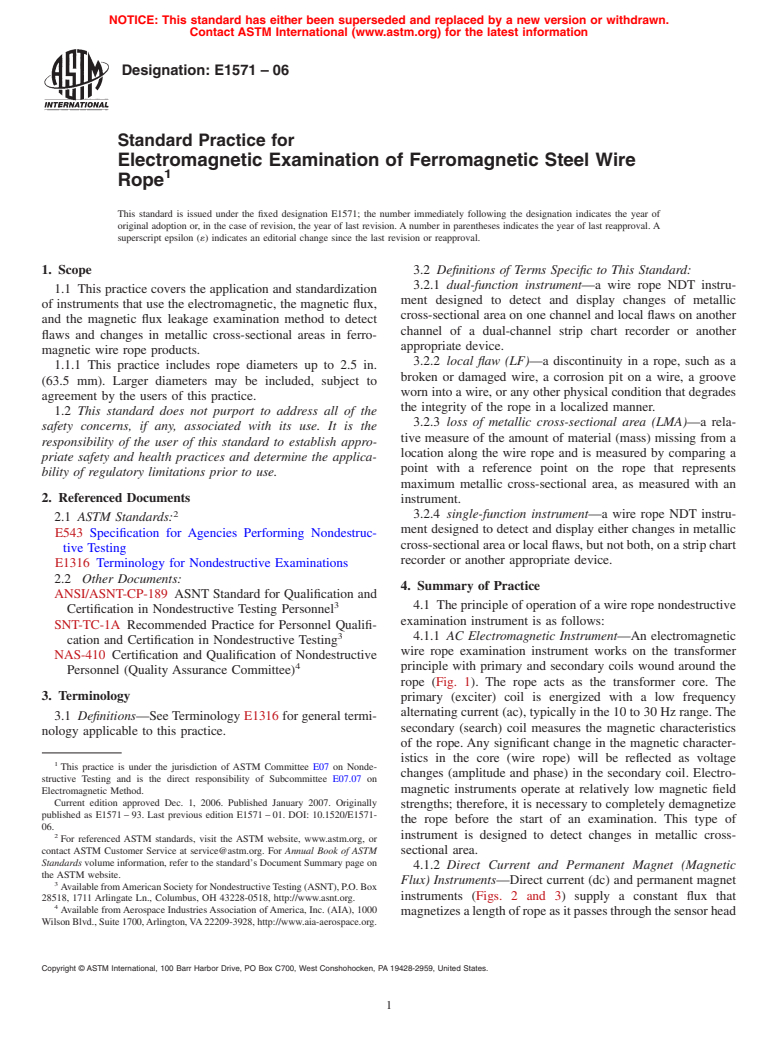 ASTM E1571-06 - Standard Practice for Electromagnetic Examination of Ferromagnetic Steel Wire Rope