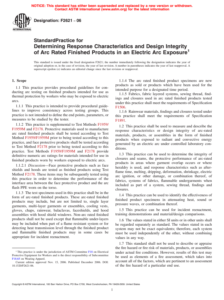 ASTM F2621-06 - Standard Practice for Determining Response Characteristics and Design Integrity of Arc Rated Finished Products in an Electric Arc Exposure