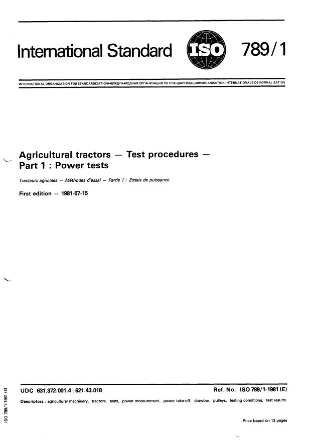 ISO 789-1:1981 - Agricultural tractors -- Test procedures