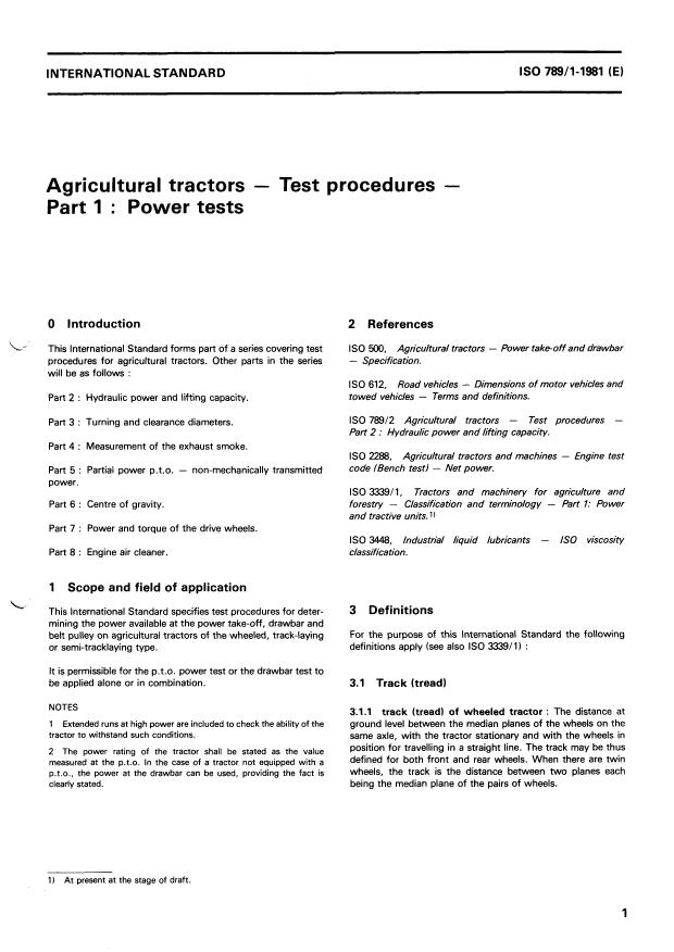 ISO 789-1:1981 - Agricultural tractors -- Test procedures