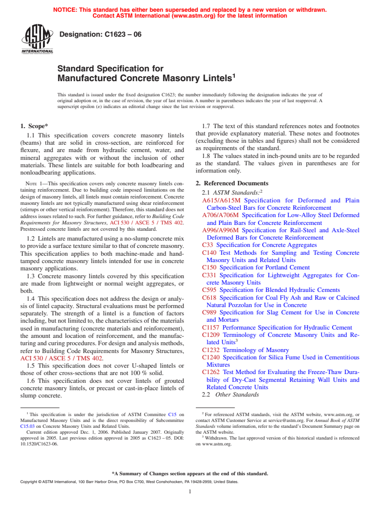 ASTM C1623-06 - Standard Specification for Manufactured Concrete Masonry Lintels