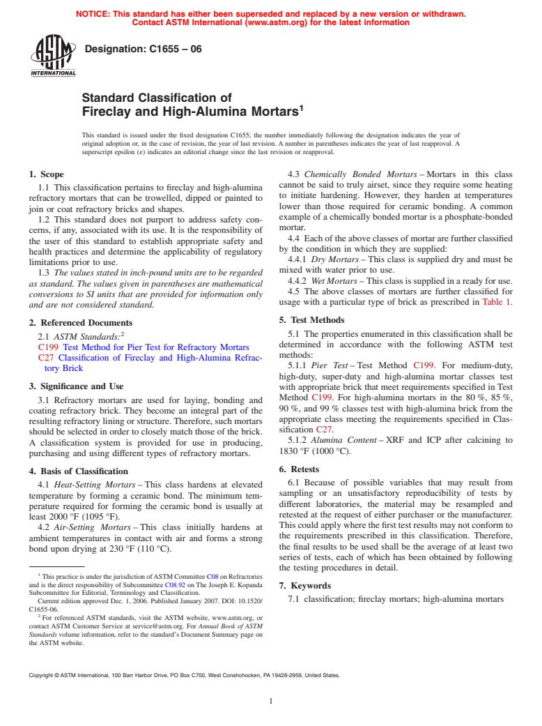 ASTM C1655-06 - Standard Classification of Fireclay and High-Alumina Mortars