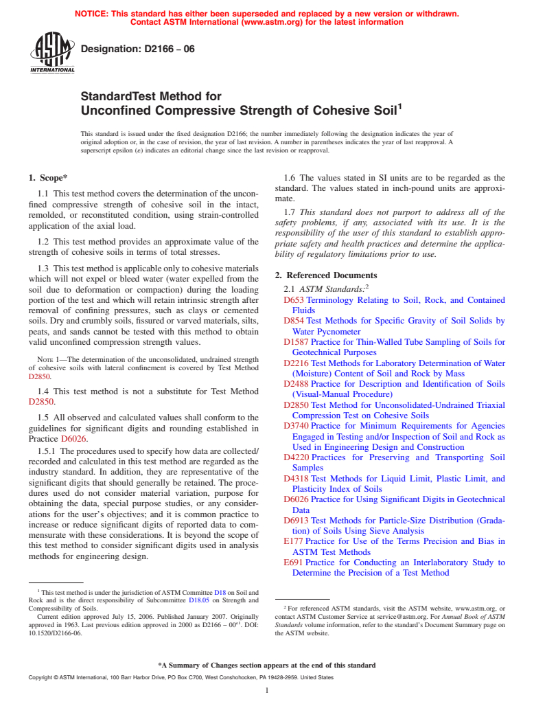 ASTM D2166-06 - Standard Test Method for Unconfined Compressive Strength of Cohesive Soil