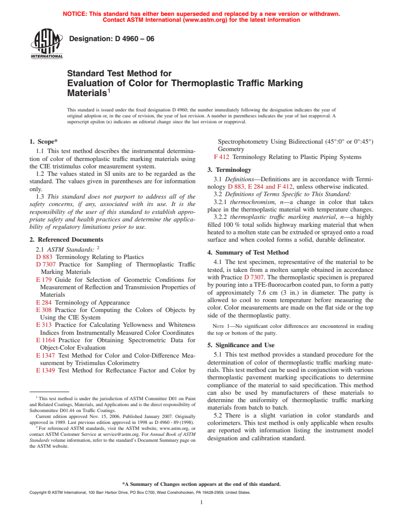 ASTM D4960-06 - Standard Test Method for Evaluation of Color for Thermoplastic Traffic Marking Materials