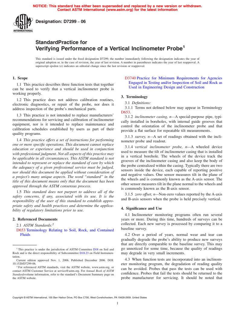 ASTM D7299-06 - Standard Practice for Verifying Performance of a Vertical Inclinometer Probe