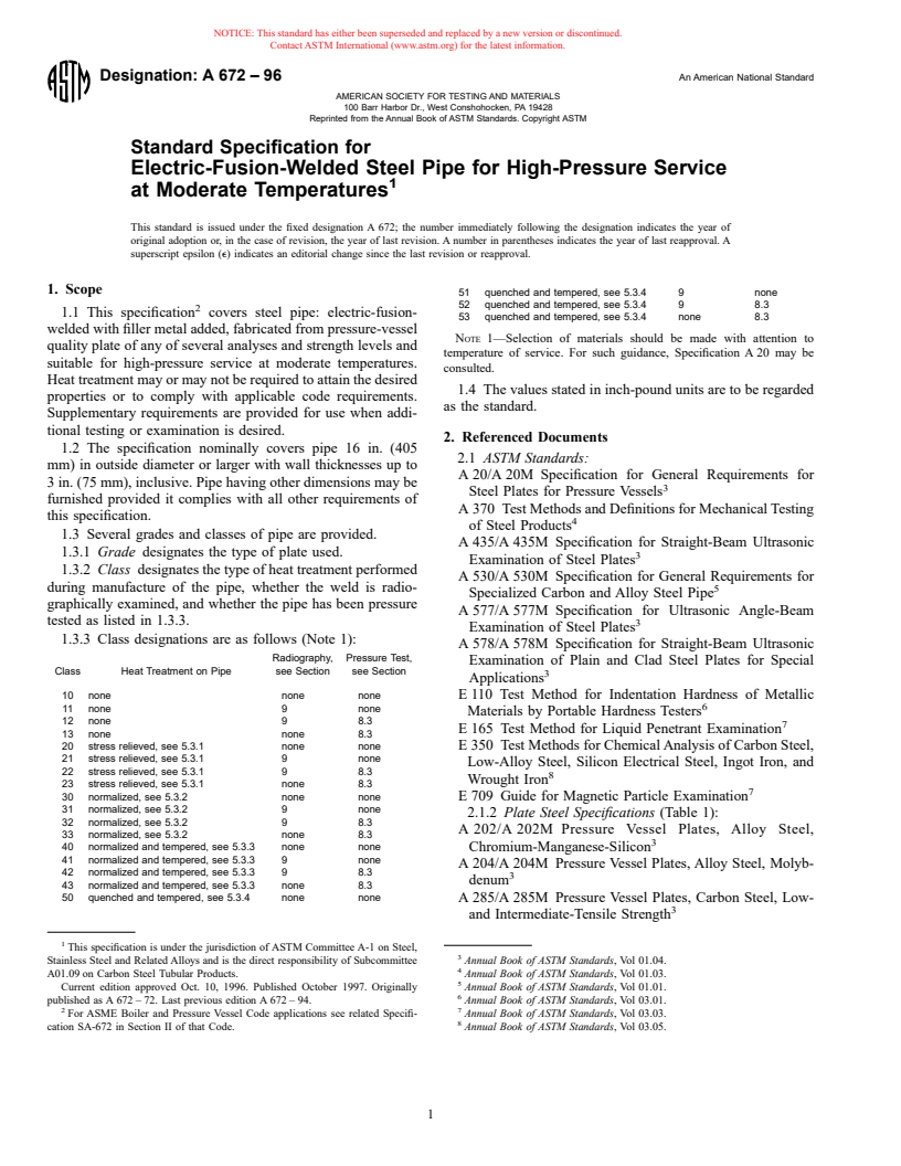 ASTM A672-96 - Standard Specification for Electric-Fusion-Welded Steel Pipe for High-Pressure Service at Moderate Temperatures