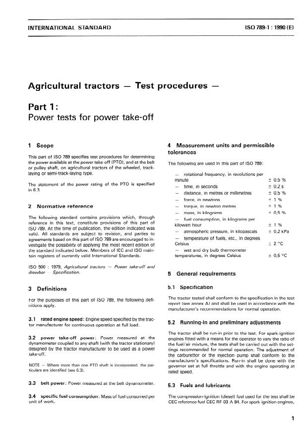 ISO 789-1:1990 - Agricultural tractors -- Test procedures