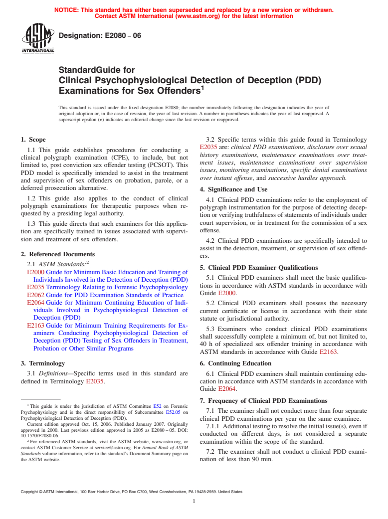 ASTM E2080-06 - Standard Guide for Clinical Psychophysiological Detection of Deception (PDD) Examinations for Sex Offenders