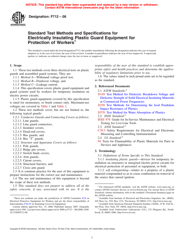 ASTM F712-06 - Standard Test Methods and Specifications for Electrically Insulating Plastic Guard Equipment for Protection of Workers